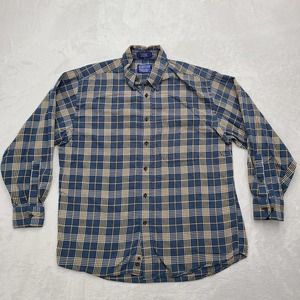 Pendleton Shirt Mens Large Beige Brown Blue Yellow Plaid Canterbury Cloth Merino